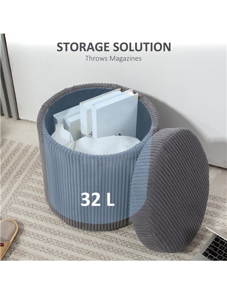 HOMCOM 40cm Round Storage Ottoman, Corduroy Footstool with Removable Lid and Legs, Vanity Stool for Living Room, Bedroom, Grey - pic 132748 | FastDaddyshop