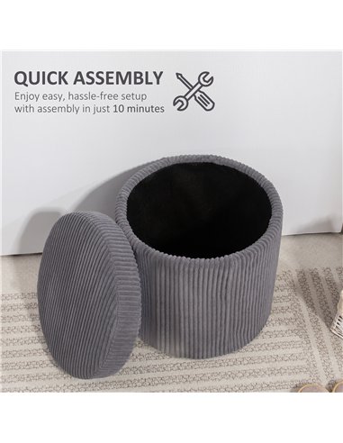 HOMCOM 40cm Round Storage Ottoman, Corduroy Footstool with Removable Lid and Legs, Vanity Stool for Living Room, Bedroom, Grey