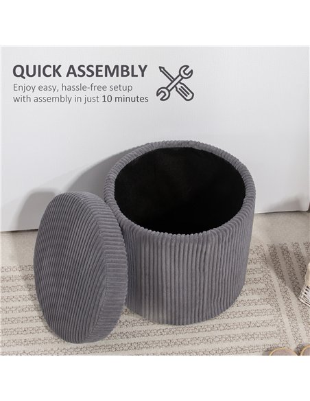 HOMCOM 40cm Round Storage Ottoman, Corduroy Footstool with Removable Lid and Legs, Vanity Stool for Living Room, Bedroom, Grey - pic 132749 | FastDaddyshop