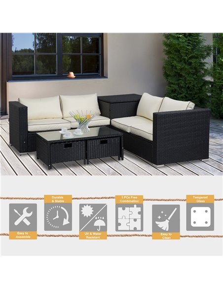 Outsunny 4-Seater Rattan Garden Furniture Patio Sofa Storage & Table Set w/ Coffee Table & Corner Sofa - Black - pic 13277 | FastDaddyshop
