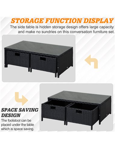 Outsunny 4-Seater Rattan Garden Furniture Patio Sofa Storage & Table Set w/ Coffee Table & Corner Sofa - Black