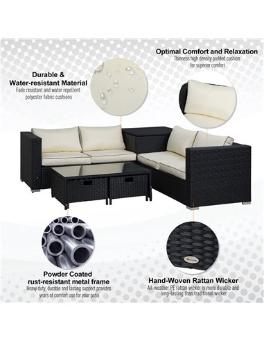 Outsunny 4-Seater Rattan Garden Furniture Patio Sofa Storage & Table Set w/ Coffee Table & Corner Sofa - Black