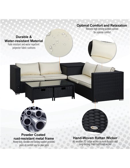 Outsunny 4-Seater Rattan Garden Furniture Patio Sofa Storage & Table Set w/ Coffee Table & Corner Sofa - Black - pic 13279 | FastDaddyshop