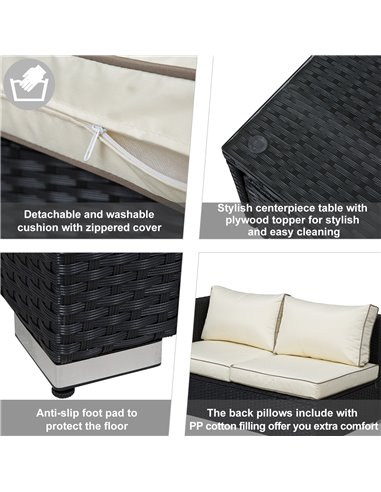 Outsunny 4-Seater Rattan Garden Furniture Patio Sofa Storage & Table Set w/ Coffee Table & Corner Sofa - Black