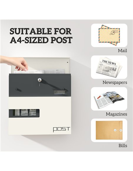 HOMCOM Modern Weatherproof Wall Post Box with Viewing Window, White B80-017V00WT - pic 133092 | FastDaddyshop