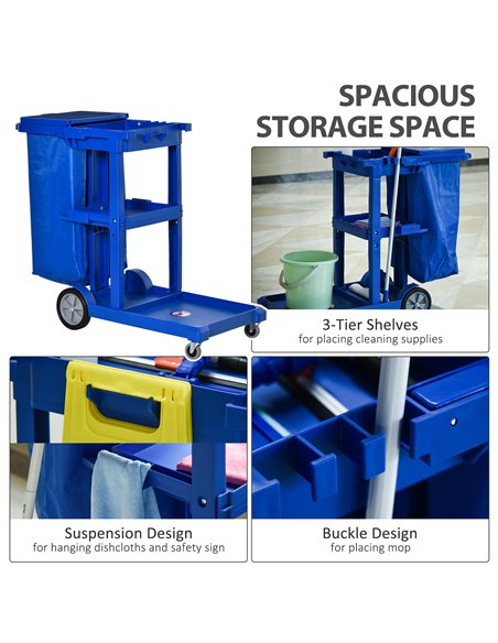 HOMCOM Professional Cleaning Cart with Bin & Shelves - Blue 720-021 - pic 133196 | FastDaddyshop