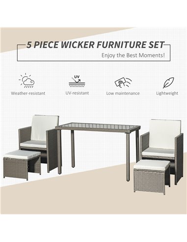 Outsunny 5 Pieces PE Rattan Sets with Cushion, Armchairs, Footrest, Glass Top Table, Grey
