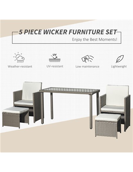 Outsunny 5 Pieces PE Rattan Sets with Cushion, Armchairs, Footrest, Glass Top Table, Grey - pic 13325 | FastDaddyshop