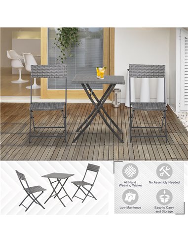 Outsunny PE Rattan Garden Furniture 2 Seater Patio Bistro Set Folding for 2 Outdoor Table and Chair Set (Grey)