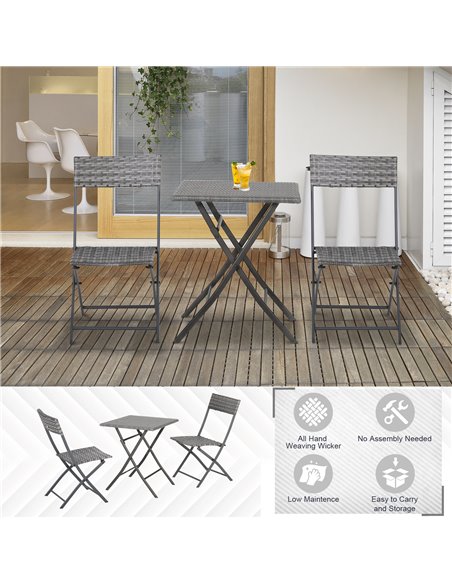 Outsunny PE Rattan Garden Furniture 2 Seater Patio Bistro Set Folding for 2 Outdoor Table and Chair Set (Grey) - pic 13333 | FastDaddyshop