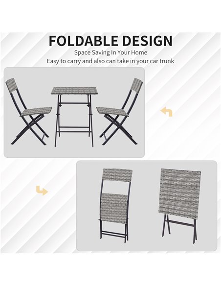 Outsunny PE Rattan Garden Furniture 2 Seater Patio Bistro Set Folding for 2 Outdoor Table and Chair Set (Grey) - pic 13334 | FastDaddyshop