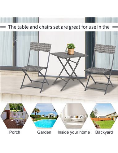 Outsunny PE Rattan Garden Furniture 2 Seater Patio Bistro Set Folding for 2 Outdoor Table and Chair Set (Grey)
