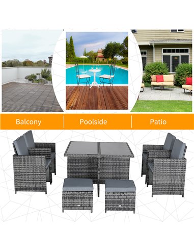 Outsunny 8-Seater Garden Furniture Rattan Dining Set with Cushion, Grey