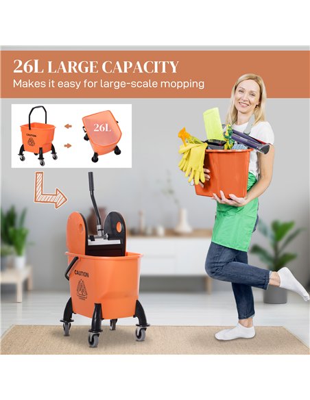 HOMCOM 26L Mop Bucket with Wringer & Wheels - Orange 720-011 - pic 133547 | FastDaddyshop