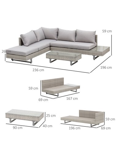 Outsunny 5-Seater Rattan Garden Furniture Set with Coffee Table, Side Table & Cushions, Grey