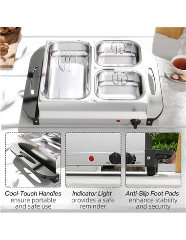 HOMCOM 4.5L Stainless Steel Electric Buffet Server, with 3x Trays and Lids