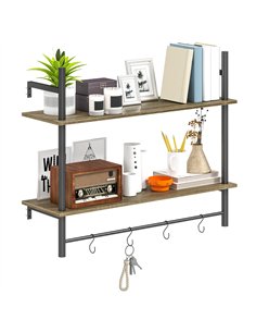 HOMCOM Wall Mounted Floating Shelves with 4 Hooks, Rustic Wall Shelf Unit for Living Room, Entryway, Grey