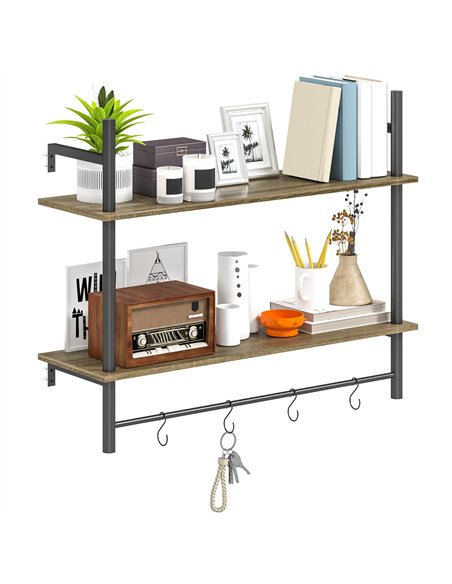 HOMCOM Wall Mounted Floating Shelves with 4 Hooks, Rustic Wall Shelf Unit for Living Room, Entryway, Grey - pic 133706 | FastDaddyshop