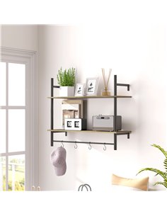 HOMCOM Wall Mounted Floating Shelves with 4 Hooks, Rustic Wall Shelf Unit for Living Room, Entryway, Grey 2