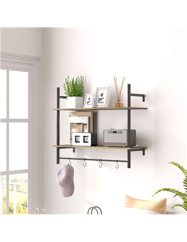 HOMCOM Wall Mounted Floating Shelves with 4 Hooks, Rustic Wall Shelf Unit for Living Room, Entryway, Grey