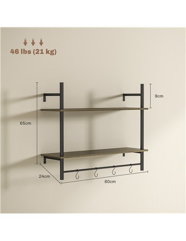 HOMCOM Wall Mounted Floating Shelves with 4 Hooks, Rustic Wall Shelf Unit for Living Room, Entryway, Grey