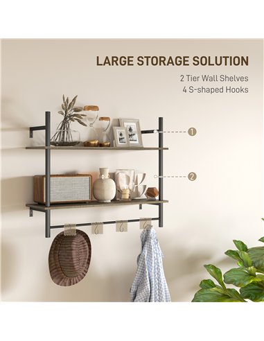 HOMCOM Wall Mounted Floating Shelves with 4 Hooks, Rustic Wall Shelf Unit for Living Room, Entryway, Grey