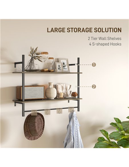 HOMCOM Wall Mounted Floating Shelves with 4 Hooks, Rustic Wall Shelf Unit for Living Room, Entryway, Grey - pic 133709 | FastDaddyshop