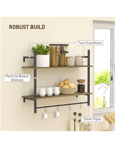 HOMCOM Wall Mounted Floating Shelves with 4 Hooks, Rustic Wall Shelf Unit for Living Room, Entryway, Grey