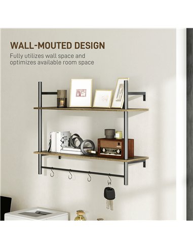 HOMCOM Wall Mounted Floating Shelves with 4 Hooks, Rustic Wall Shelf Unit for Living Room, Entryway, Grey