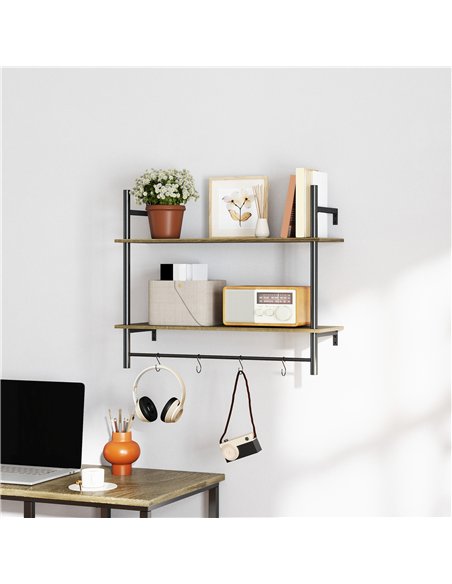 HOMCOM Wall Mounted Floating Shelves with 4 Hooks, Rustic Wall Shelf Unit for Living Room, Entryway, Grey - pic 133712 | FastDaddyshop