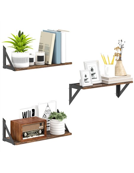 HOMCOM Set of 3 Wall Shelves, Vintage Wall Mounted Floating Shelves for Living Room, Entryway, Bedroom, Rustic Brown - pic 133733 | FastDaddyshop