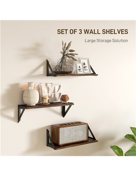 HOMCOM Set of 3 Wall Shelves, Vintage Wall Mounted Floating Shelves for Living Room, Entryway, Bedroom, Rustic Brown - pic 133736 | FastDaddyshop
