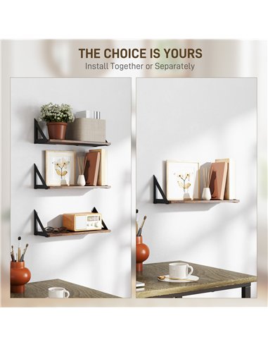 HOMCOM Set of 3 Wall Shelves, Vintage Wall Mounted Floating Shelves for Living Room, Entryway, Bedroom, Rustic Brown