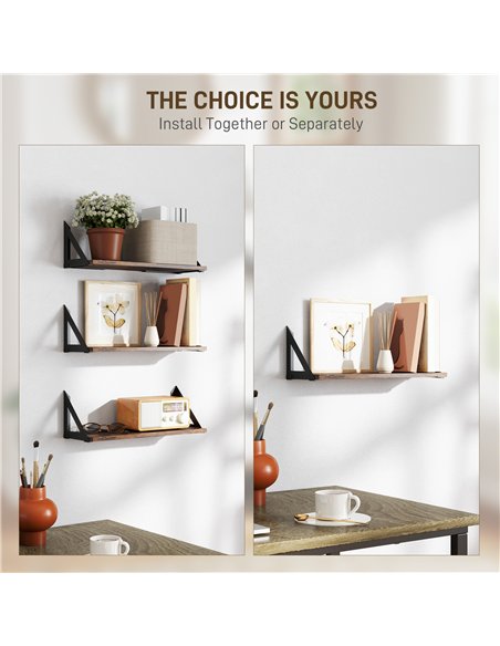 HOMCOM Set of 3 Wall Shelves, Vintage Wall Mounted Floating Shelves for Living Room, Entryway, Bedroom, Rustic Brown - pic 133737 | FastDaddyshop