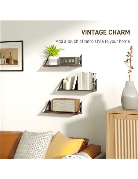HOMCOM Set of 3 Wall Shelves, Vintage Wall Mounted Floating Shelves for Living Room, Entryway, Bedroom, Rustic Brown - pic 133738 | FastDaddyshop