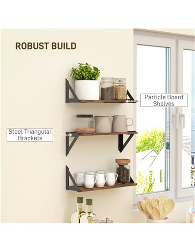 HOMCOM Set of 3 Wall Shelves, Vintage Wall Mounted Floating Shelves for Living Room, Entryway, Bedroom, Rustic Brown