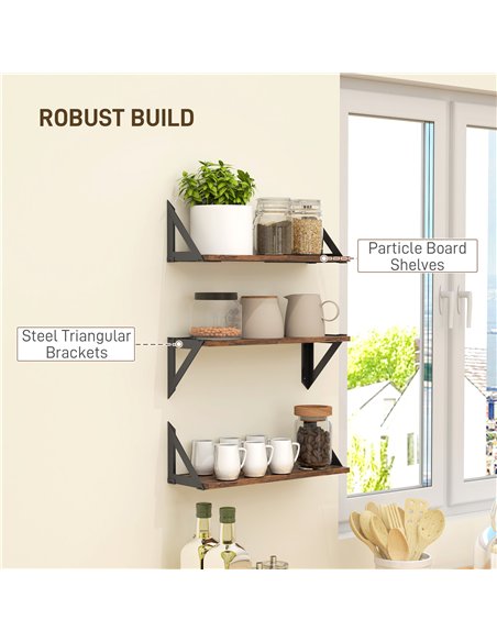 HOMCOM Set of 3 Wall Shelves, Vintage Wall Mounted Floating Shelves for Living Room, Entryway, Bedroom, Rustic Brown - pic 133739 | FastDaddyshop