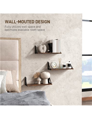 HOMCOM Set of 3 Wall Shelves, Vintage Wall Mounted Floating Shelves for Living Room, Entryway, Bedroom, Rustic Brown