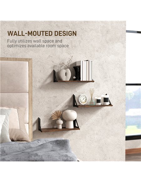 HOMCOM Set of 3 Wall Shelves, Vintage Wall Mounted Floating Shelves for Living Room, Entryway, Bedroom, Rustic Brown - pic 133740 | FastDaddyshop