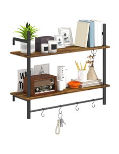 HOMCOM Wall Mounted Floating Shelves with 4 Hooks, Rustic Wall Shelf Unit for Living Room, Entryway, Rustic Brown