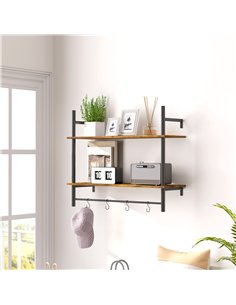 HOMCOM Wall Mounted Floating Shelves with 4 Hooks, Rustic Wall Shelf Unit for Living Room, Entryway, Rustic Brown 2