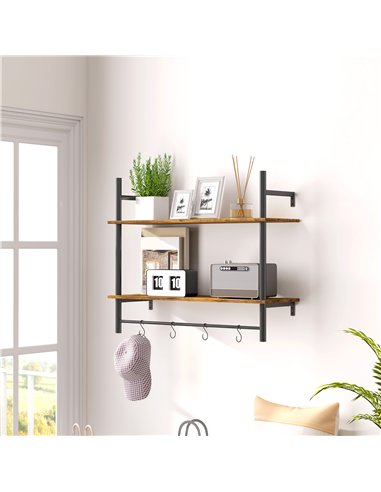 HOMCOM Wall Mounted Floating Shelves with 4 Hooks, Rustic Wall Shelf Unit for Living Room, Entryway, Rustic Brown