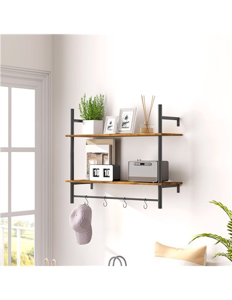 HOMCOM Wall Mounted Floating Shelves with 4 Hooks, Rustic Wall Shelf Unit for Living Room, Entryway, Rustic Brown - pic 133743 | FastDaddyshop