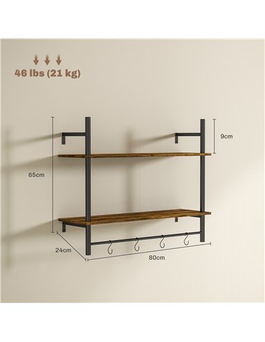 HOMCOM Wall Mounted Floating Shelves with 4 Hooks, Rustic Wall Shelf Unit for Living Room, Entryway, Rustic Brown