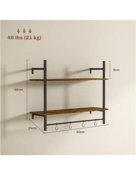 HOMCOM Wall Mounted Floating Shelves with 4 Hooks, Rustic Wall Shelf Unit for Living Room, Entryway, Rustic Brown - pic 133744 | FastDaddyshop