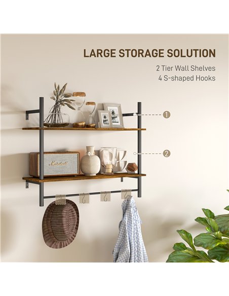 HOMCOM Wall Mounted Floating Shelves with 4 Hooks, Rustic Wall Shelf Unit for Living Room, Entryway, Rustic Brown - pic 133745 | FastDaddyshop