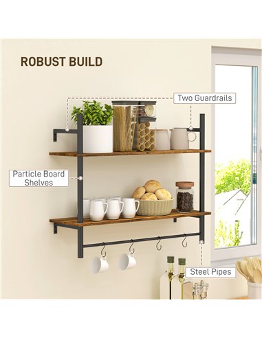 HOMCOM Wall Mounted Floating Shelves with 4 Hooks, Rustic Wall Shelf Unit for Living Room, Entryway, Rustic Brown