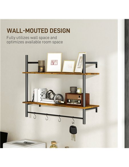 HOMCOM Wall Mounted Floating Shelves with 4 Hooks, Rustic Wall Shelf Unit for Living Room, Entryway, Rustic Brown - pic 133747 | FastDaddyshop