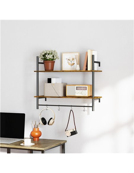 HOMCOM Wall Mounted Floating Shelves with 4 Hooks, Rustic Wall Shelf Unit for Living Room, Entryway, Rustic Brown - pic 133748 | FastDaddyshop