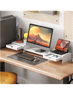 HOMCOM Dual Monitor Stand Riser with 2 Drawers, Adjustable Length and Angle, 116cm Monitor Riser for Laptop, Computer, PC, Small 2
